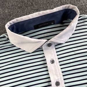Greyson Men's XL Blue Aqua Striped Polo Shirt Short Sleeve Collared Button